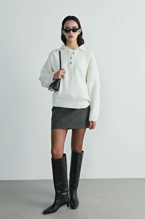 Ekru Rani Polo Yaka Oversize Kazak