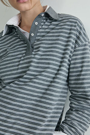 Gri Monroe Çizgili Polo Yaka Tişört