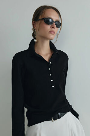 Siyah Carter Polo Yaka Triko Kazak