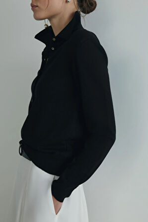 Siyah Carter Polo Yaka Triko Kazak