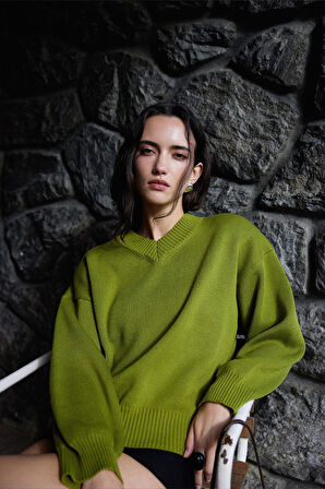 Yeşil Fade V Yaka Kazak