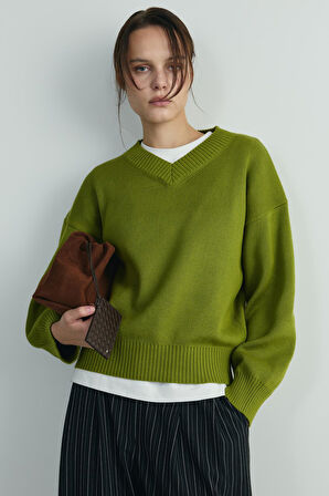 Yeşil Fade V Yaka Kazak