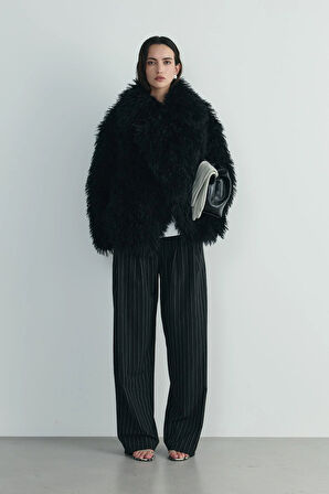 Siyah Lina Pileli Çizgili Pantolon