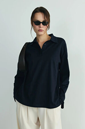 Lacivert Polo Yaka Oversize Tişört