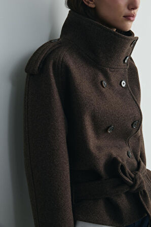 Kahverengi Urban Dik Yaka Kısa Kaşe Kaban