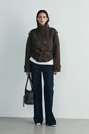 Kahverengi Urban Dik Yaka Kısa Kaşe Kaban