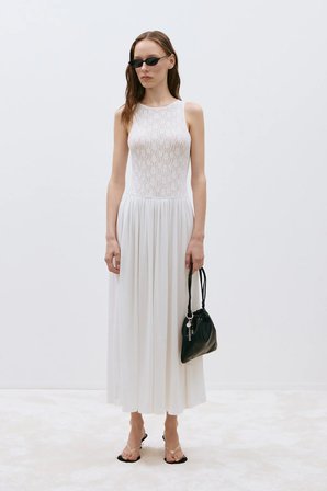 Ekru Lacy Dantelli Maxi Elbise