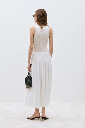 Ekru Lacy Dantelli Maxi Elbise