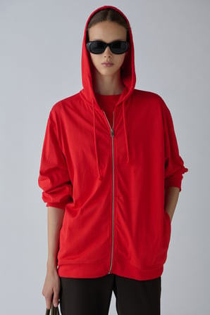 Kırmızı Lena Fermuarlı Kapüşonlu Sweatshirt
