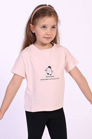 Toontoy Kız Çocuk Penguen Yazı Baskılı Tişört