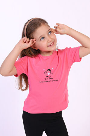 Toontoy Kız Çocuk Penguen Yazı Baskılı Tişört