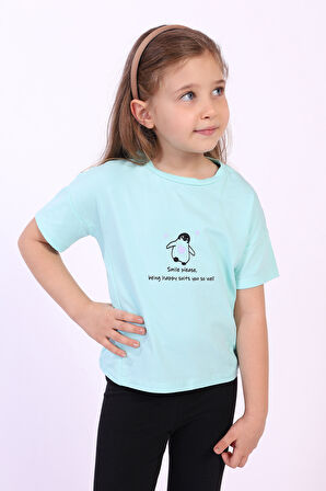 Toontoy Kız Çocuk Penguen Yazı Baskılı Tişört