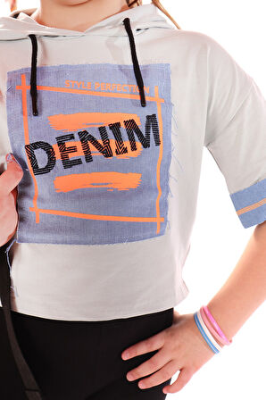 Toontoy Kız Çocuk Denım Baskılı Kapüşonlu Tişört