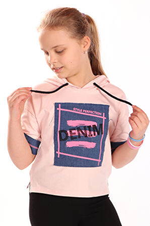 Toontoy Kız Çocuk Denım Baskılı Kapüşonlu Tişört