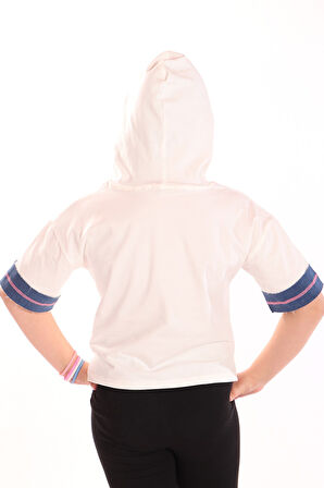 Toontoy Kız Çocuk Denım Baskılı Kapüşonlu Tişört