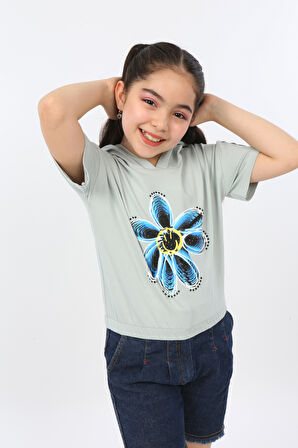 Toontoy Kız Çocuk Önü Çiçek Baskılı Tişört