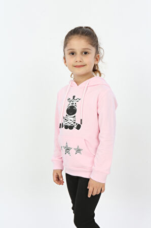 Toontoy Kız Çocuk Yıldızlı Zebra Baskılı Kapüşonlu Sweatshirt