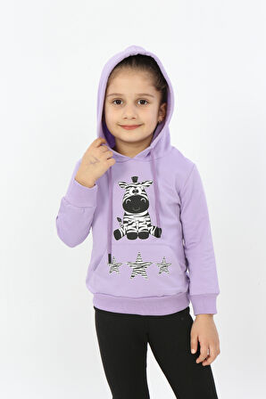 Toontoy Kız Çocuk Yıldızlı Zebra Baskılı Kapüşonlu Sweatshirt