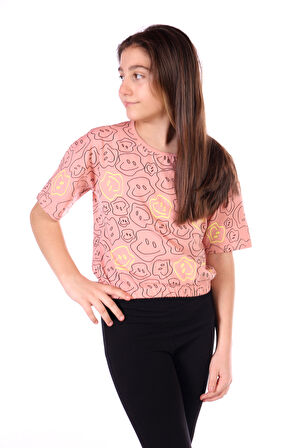 Toontoy Kız Çocuk Komple Gülen Yüz Baskılı Tişört