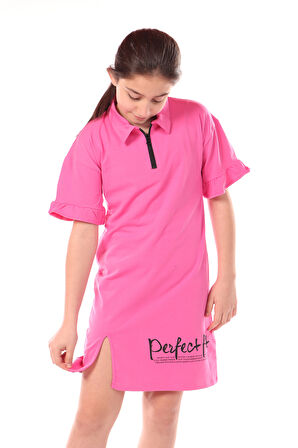 Toontoy Kız Çocuk Yakalı Fermuar Detaylı Perfect Fit Baskılı Elbise