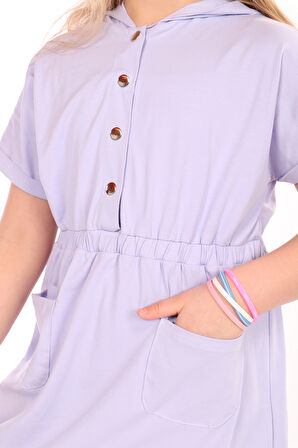 Toontoy Kız Çocuk Beli Lastikli Önü Çıtçıtlı Kapüşonlu Elbise