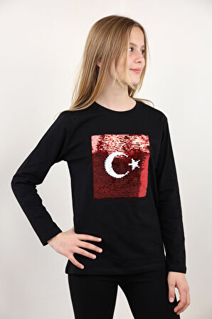Toontoy Unisex Çocuk Atatürk Bayraklı Çift Taraflı Pullu Tişört