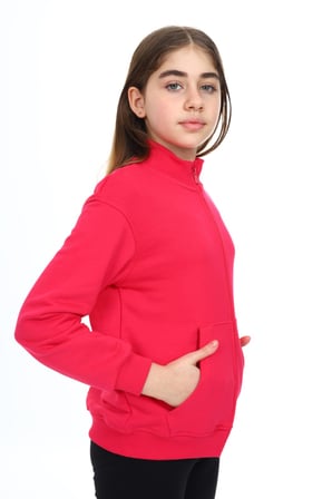Toontoy Kız Çocuk Mavi Dik Yaka Fermuarlı Cepli Düşük Omuz Nakış Baskılı Örme Hırka - 2 İplik Şardonlu