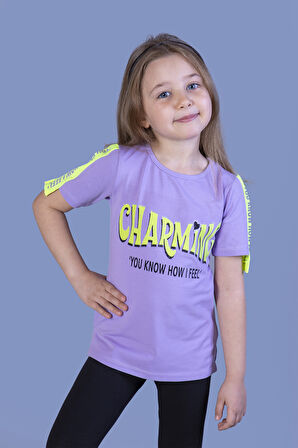 Toontoy Kız Çocuk Kolları Şerit Detaylı Baskılı Tişört