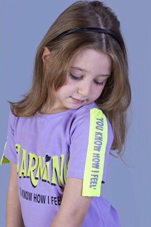 Toontoy Kız Çocuk Kolları Şerit Detaylı Baskılı Tişört