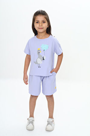 Toontoy Kız Çocuk Ördek Baskılı Şortlu Takım