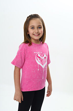 Toontoy Kız Çocuk Yıkamalı Kalp Baskılı Tişört