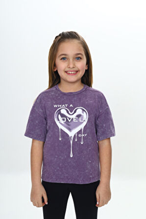 Toontoy Kız Çocuk Yıkamalı Kalp Baskılı Tişört