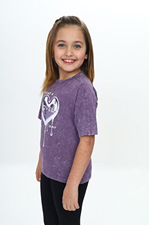 Toontoy Kız Çocuk Yıkamalı Kalp Baskılı Tişört