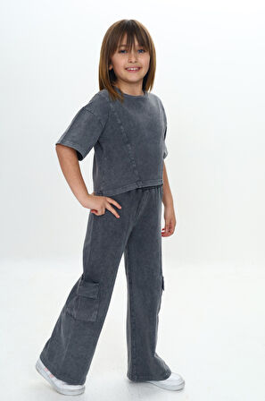 Toontoy Kız Çocuk Yıkamalı Crop Eşofman Takım