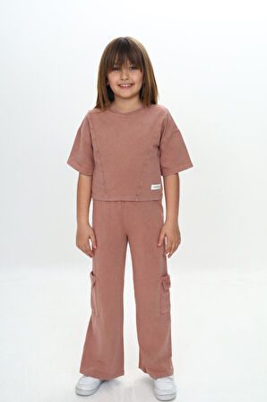 Toontoy Kız Çocuk Yıkamalı Crop Eşofman Takım