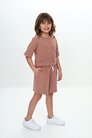 Toontoy Kız Çocuk Yıkamalı Crop Şortlu Takım