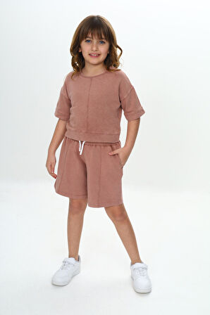 Toontoy Kız Çocuk Yıkamalı Crop Şortlu Takım