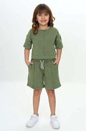 Toontoy Kız Çocuk Yıkamalı Crop Şortlu Takım