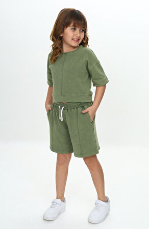 Toontoy Kız Çocuk Yıkamalı Crop Şortlu Takım