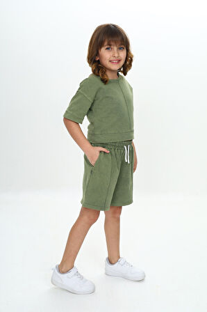 Toontoy Kız Çocuk Yıkamalı Crop Şortlu Takım