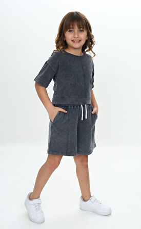 Toontoy Kız Çocuk Yıkamalı Crop Şortlu Takım