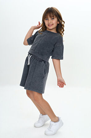 Toontoy Kız Çocuk Yıkamalı Crop Şortlu Takım