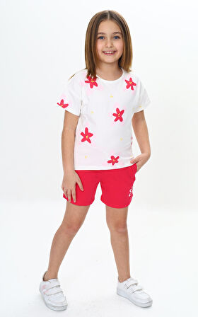 Toontoy Kız Çocuk Garni Çiçek Baskılı Şortlu Takım