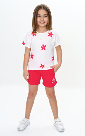 Toontoy Kız Çocuk Garni Çiçek Baskılı Şortlu Takım