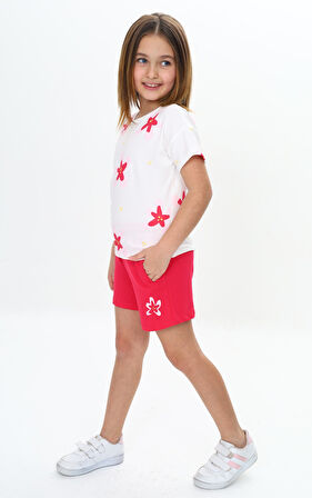 Toontoy Kız Çocuk Garni Çiçek Baskılı Şortlu Takım