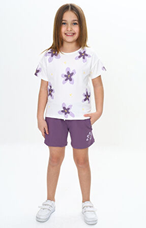 Toontoy Kız Çocuk Garni Çiçek Baskılı Şortlu Takım