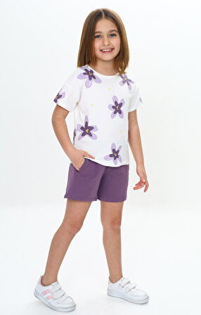 Toontoy Kız Çocuk Garni Çiçek Baskılı Şortlu Takım