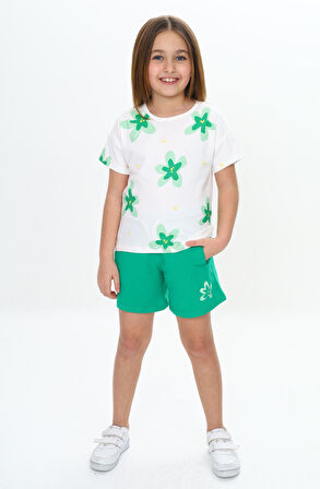 Toontoy Kız Çocuk Garni Çiçek Baskılı Şortlu Takım