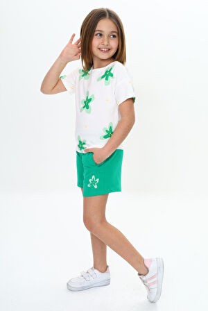 Toontoy Kız Çocuk Garni Çiçek Baskılı Şortlu Takım