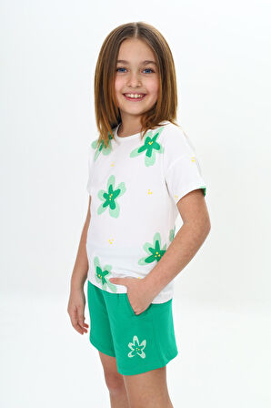 Toontoy Kız Çocuk Garni Çiçek Baskılı Şortlu Takım